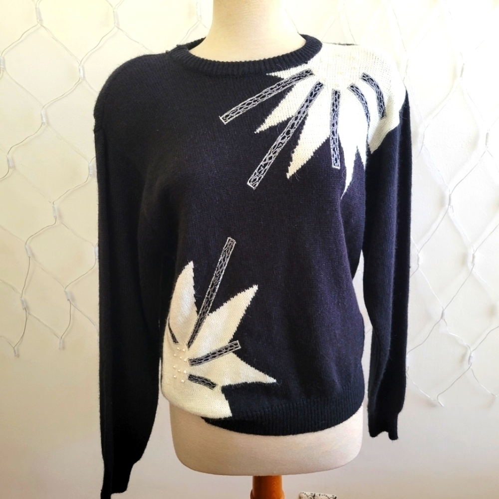 ¤ Vintage Alfred Dunner Sweater • Black & White • Shoulder Pads • Large